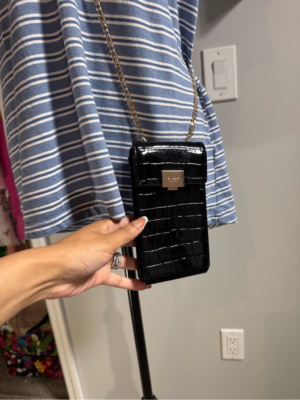 Dune London Black Croc-Embossed Phone Crossbody with Gold Hardware